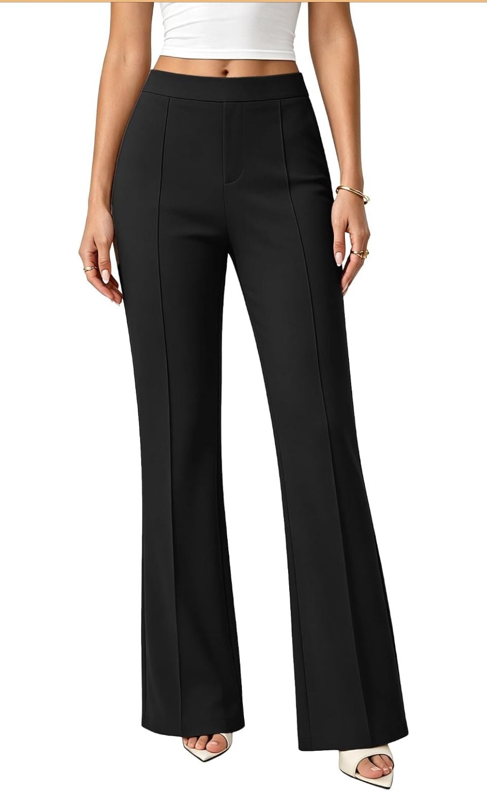 Women's Black High Waisted Business Casual Flare Pants Stretchy Work Trousers with Faux Fly and Pockets Size L 2