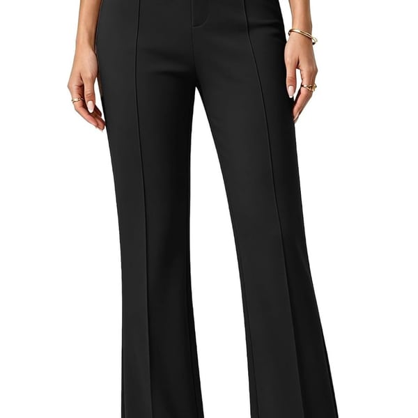 Women's Black High Waisted Business Casual Flare Pants Stretchy Work Trousers with Faux Fly and Pockets Size L
