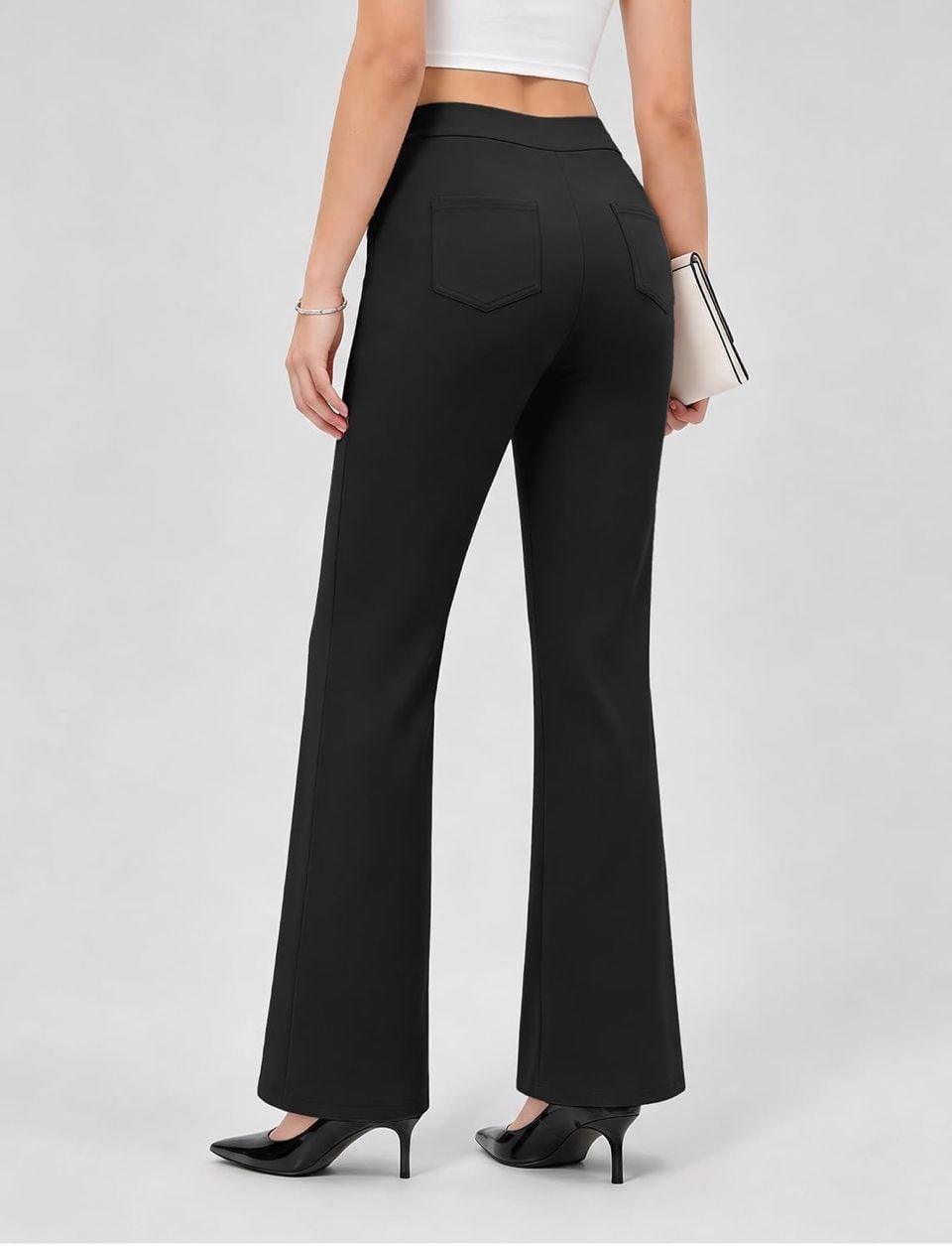 Women's Black High Waisted Business Casual Flare Pants Stretchy Work Trousers with Faux Fly and Pockets Size L 3