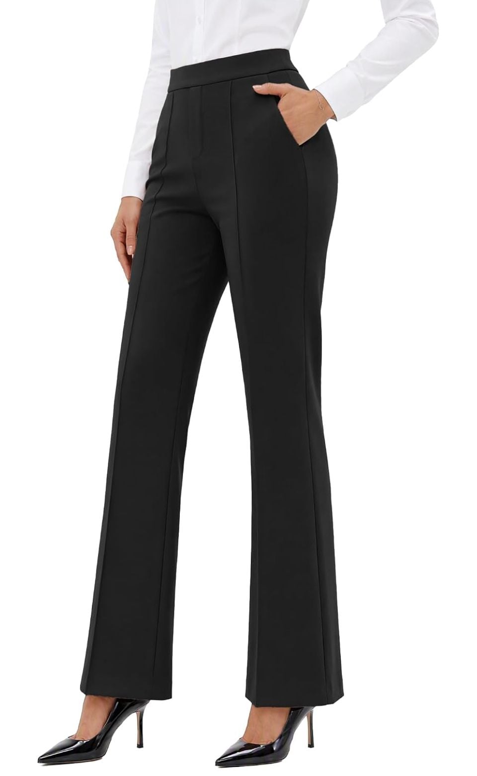 Women's Black High Waisted Business Casual Flare Pants Stretchy Work Trousers with Faux Fly and Pockets Size L 4
