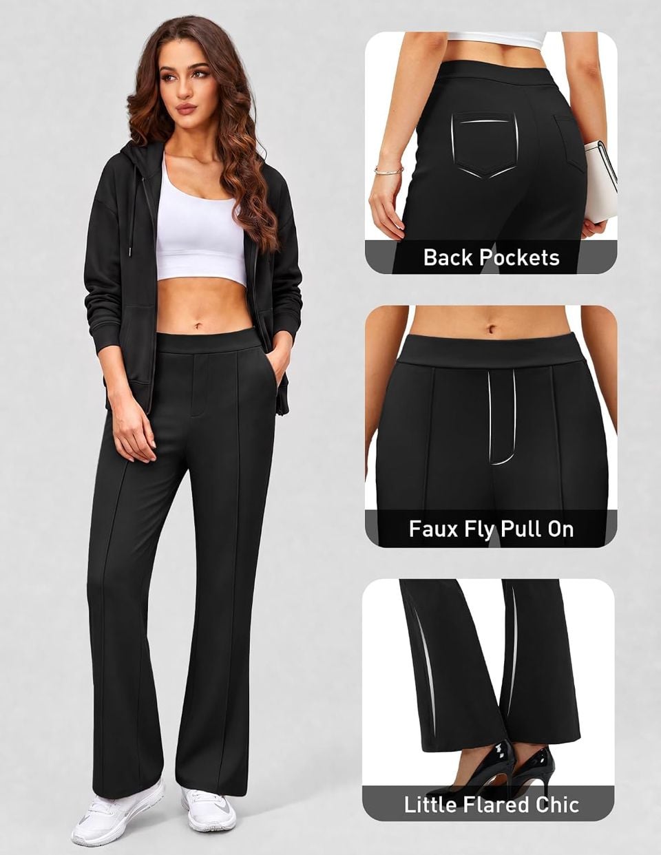 Women's Black High Waisted Business Casual Flare Pants Stretchy Work Trousers with Faux Fly and Pockets Size L 5