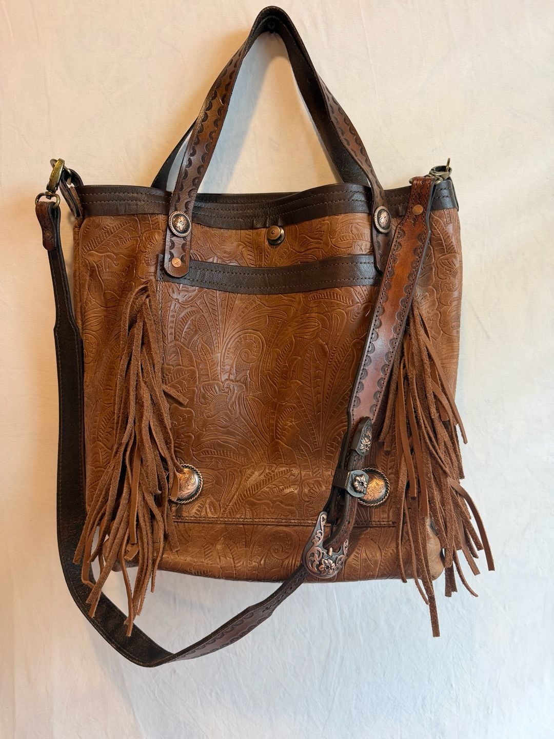 Mku Maker Alvin Tx Tooled Leather Fringe Crossbody Tote Bag Brown 2