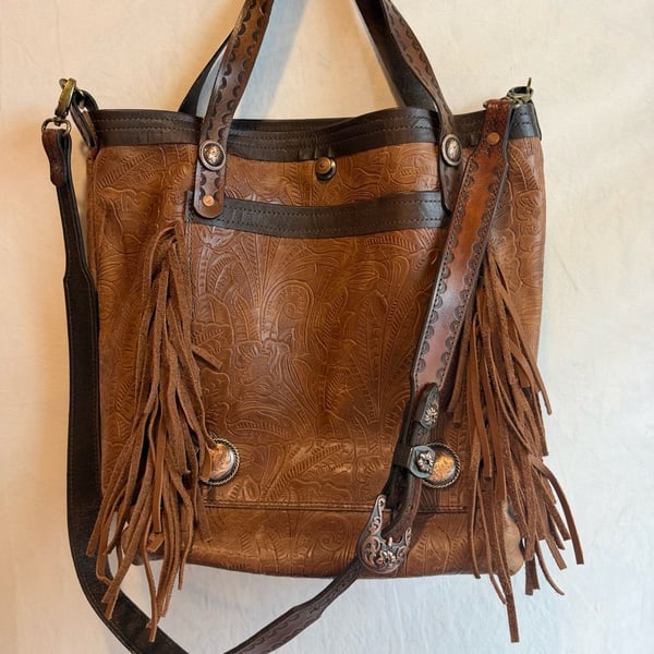 Mku Maker Alvin Tx Tooled Leather Fringe Crossbody Tote Bag Brown