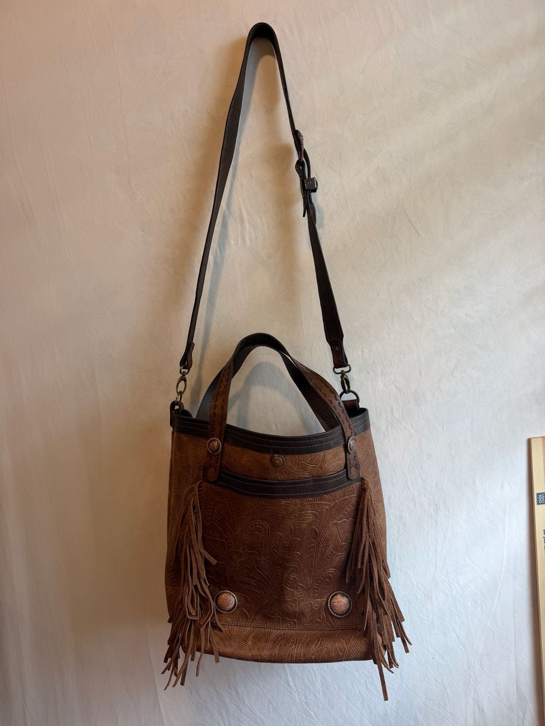 Mku Maker Alvin Tx Tooled Leather Fringe Crossbody Tote Bag Brown 3