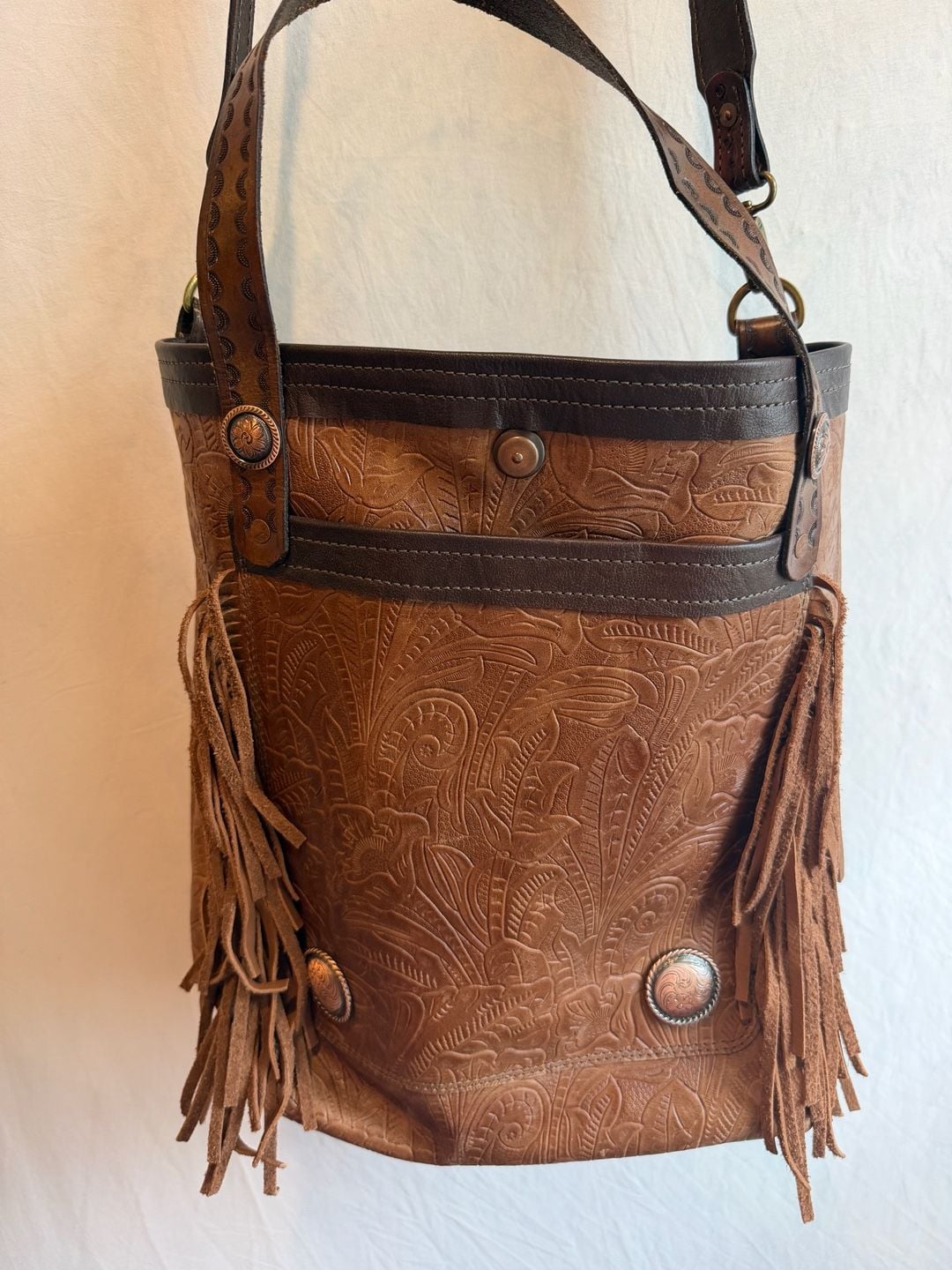 Mku Maker Alvin Tx Tooled Leather Fringe Crossbody Tote Bag Brown 4