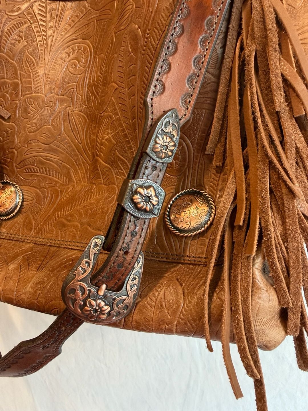 Mku Maker Alvin Tx Tooled Leather Fringe Crossbody Tote Bag Brown 7