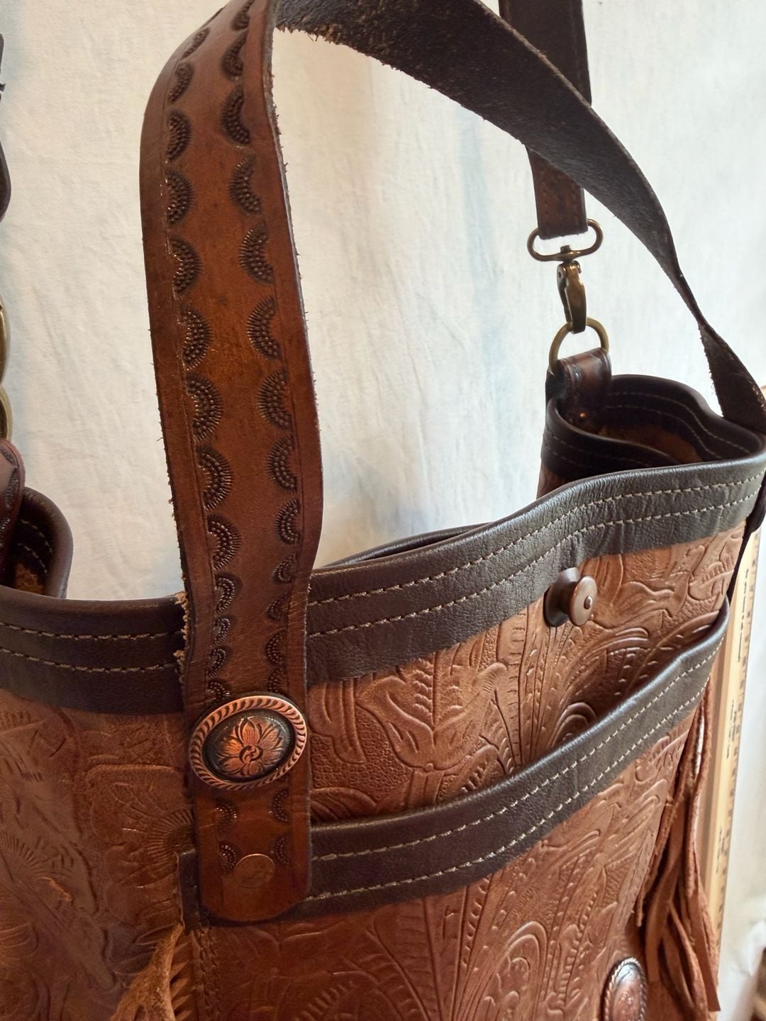 Mku Maker Alvin Tx Tooled Leather Fringe Crossbody Tote Bag Brown 8