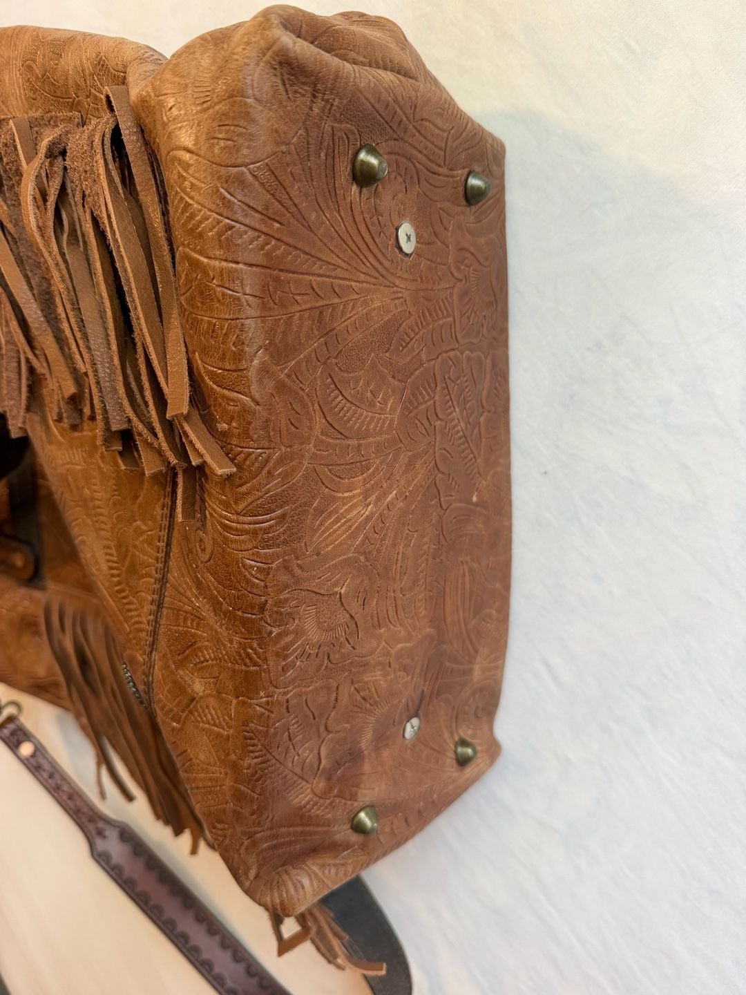 Mku Maker Alvin Tx Tooled Leather Fringe Crossbody Tote Bag Brown 12