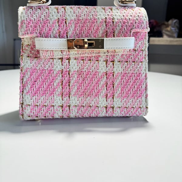 Francesca's Pink and White Tweed Plaid Top Handle Crossbody Bag
