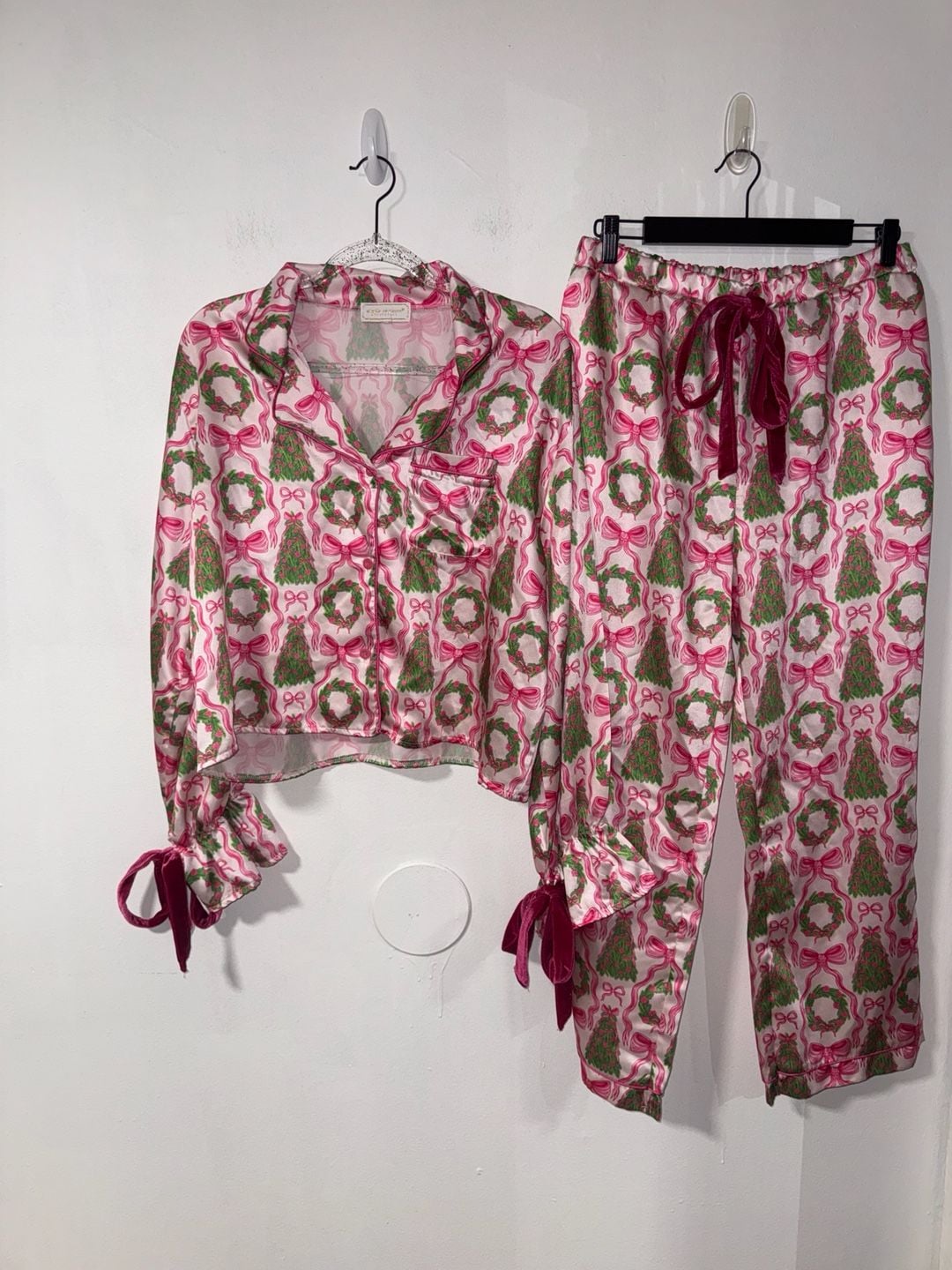 Simply Southern Coquette Christmas Tree and Wreath Print Satin Pajama Set 1