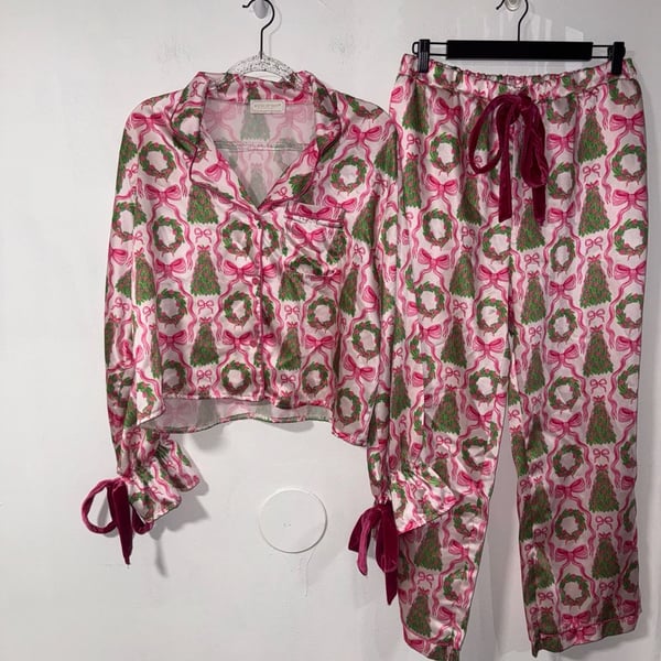 Simply Southern Coquette Christmas Tree and Wreath Print Satin Pajama Set