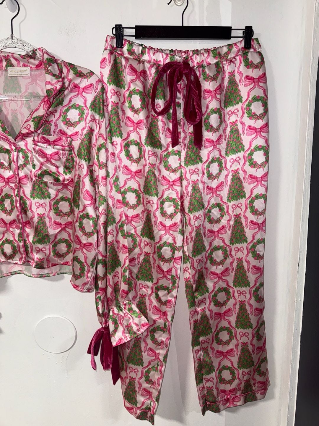 Simply Southern Coquette Christmas Tree and Wreath Print Satin Pajama Set 4