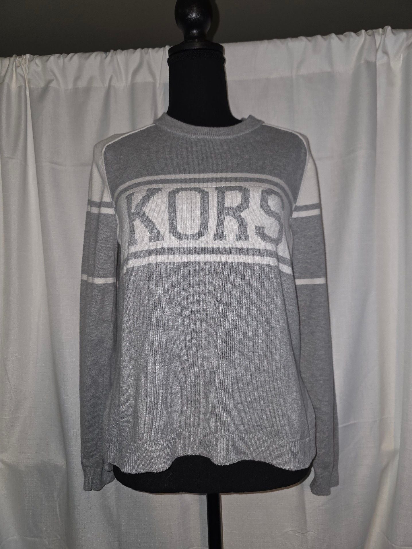 MICHAEL KORS Logo Sweater Size S Gray White Crewneck Pullover 2