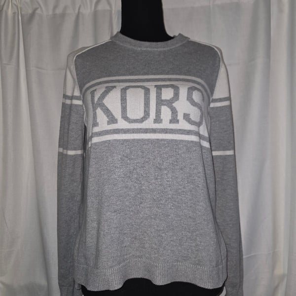MICHAEL KORS Logo Sweater Size S Gray White Crewneck Pullover