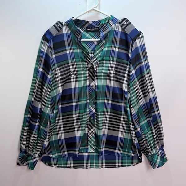 Karl Lagerfeld Paris Plaid Long Sleeve Blouse Size XL Multi Color