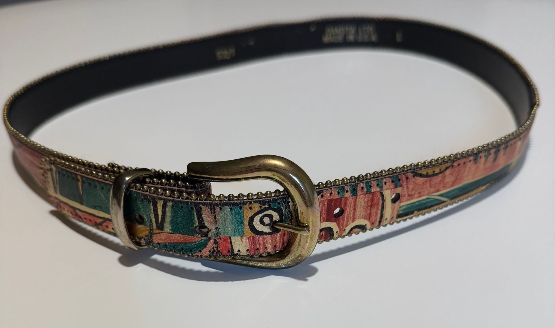 Dakota Ltd Vintage Abstract Print Leather Belt Size L Western Cowgirl 1