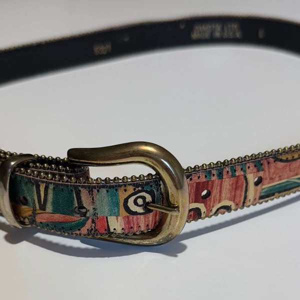 Dakota Ltd Vintage Abstract Print Leather Belt Size L Western Cowgirl 