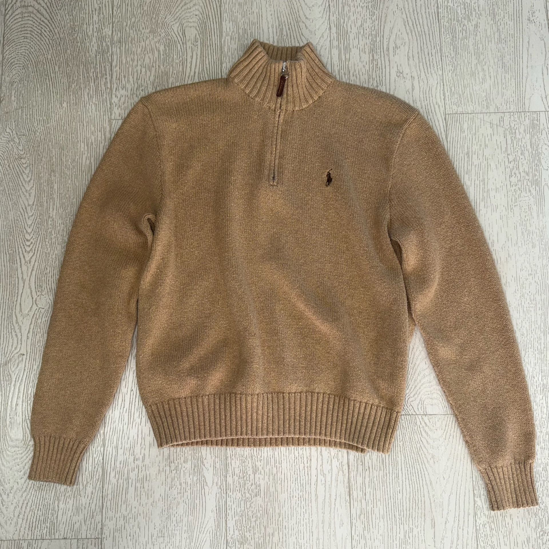 Polo Ralph Lauren Men's Medium Tan Brown 100% Pima Cotton Half Zip Ribbed Pullover Sweater 2