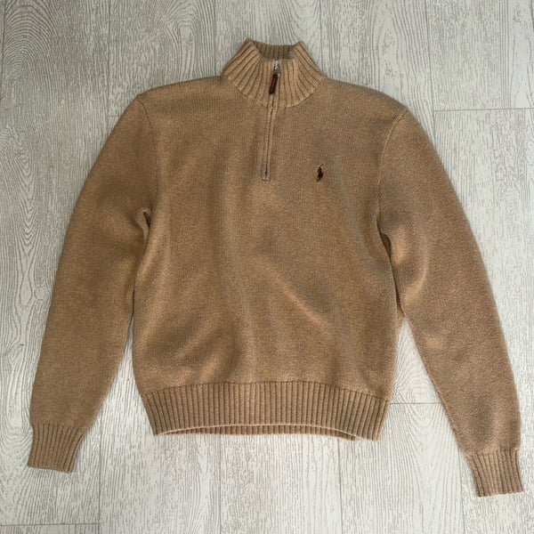 Polo Ralph Lauren Men's Medium Tan Brown 100% Pima Cotton Half Zip Ribbed Pullover Sweater