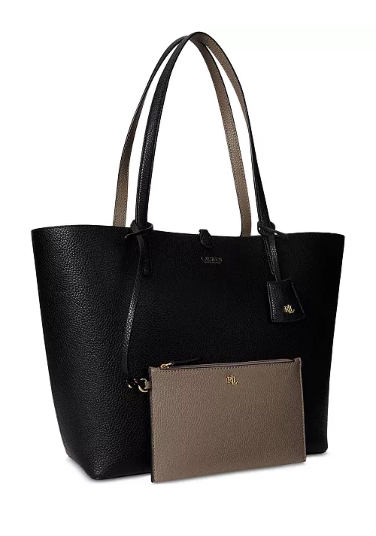 Ralph Lauren Faux-Leather Reversible Extra Large Tote bag black taupe gold NEW 2