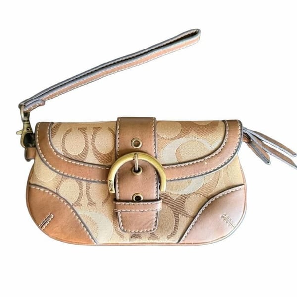 Coach Signature C Buckle Wristlet Tan Brown Monogram Leather