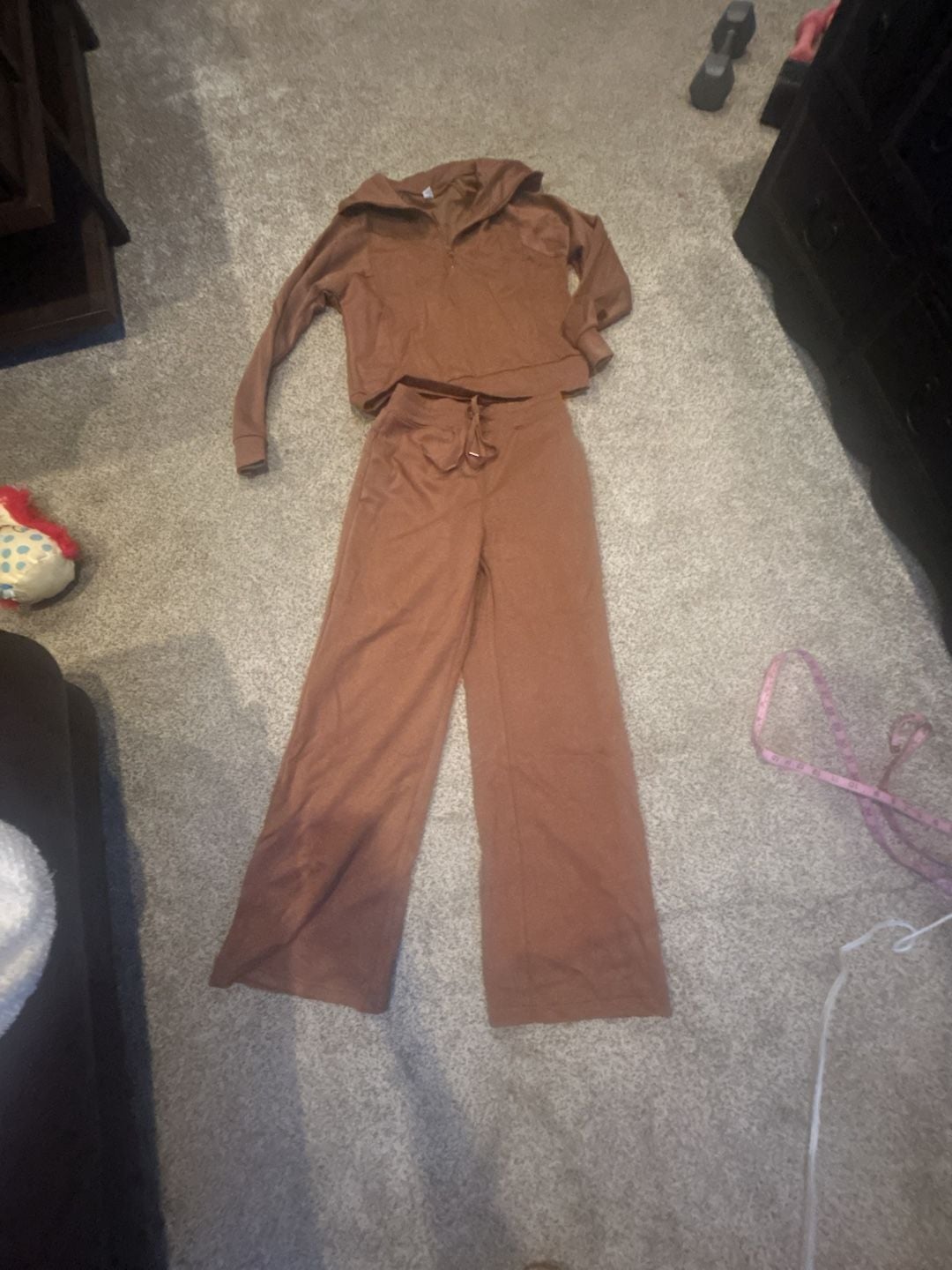 Anrabess Two Piece Outfit Size XS Brown Half Zip Wide Leg Lounge Set 1