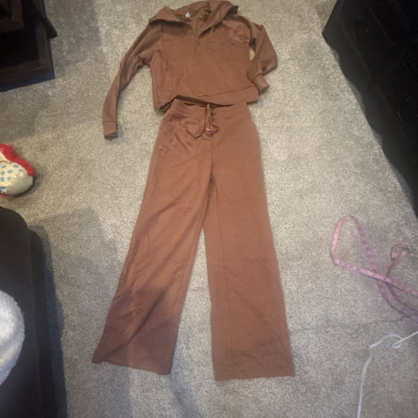 Anrabess Two Piece Outfit Size XS Brown Half Zip Wide Leg Lounge Set