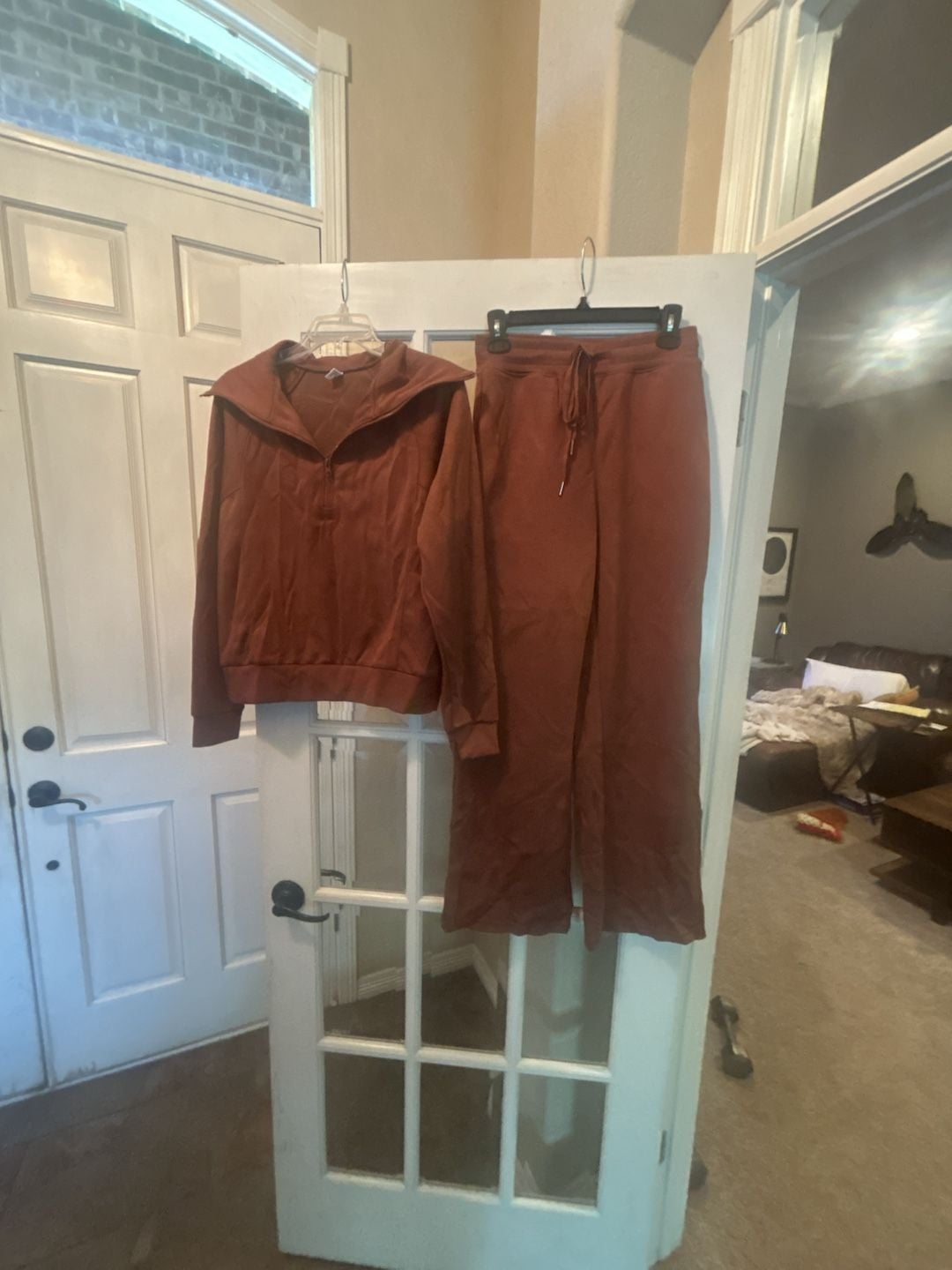 Anrabess Two Piece Outfit Size XS Brown Half Zip Wide Leg Lounge Set 2