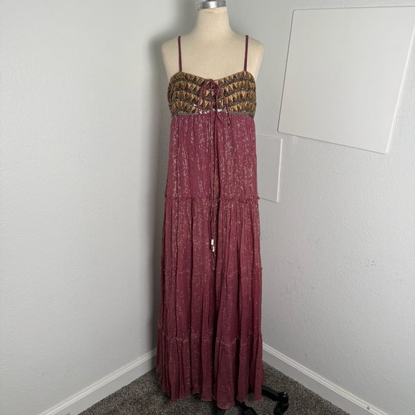 Altar'd State Maxi Dress Plum Metallic Beaded Boho