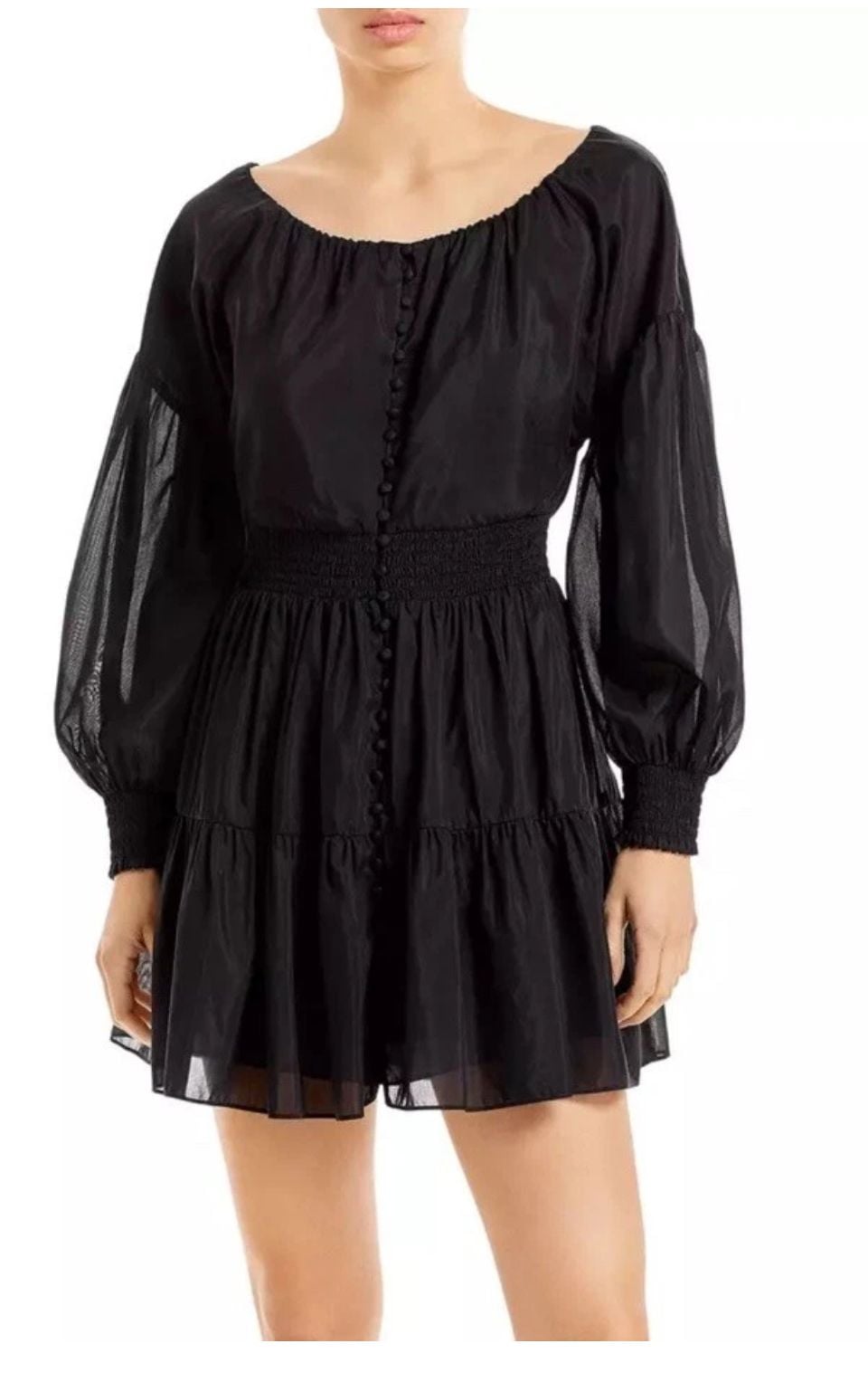alice + olivia Mini Dress Size 4 Black Silk-Blend Tiered Long Sleeve 2
