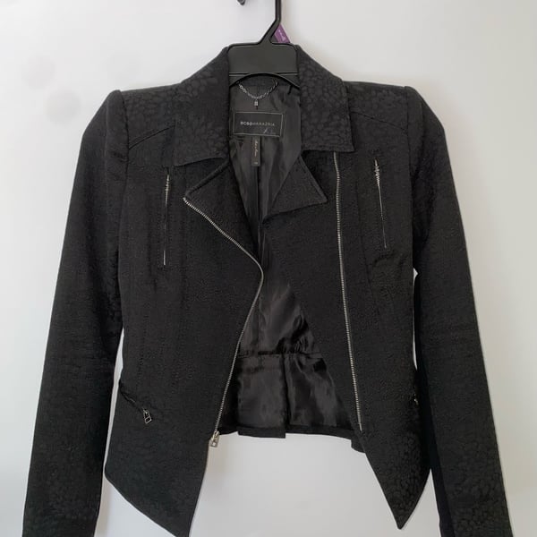 BCBGMAXAZRIA Moto Jacket Size XS Black Textured Zip Up Peplum