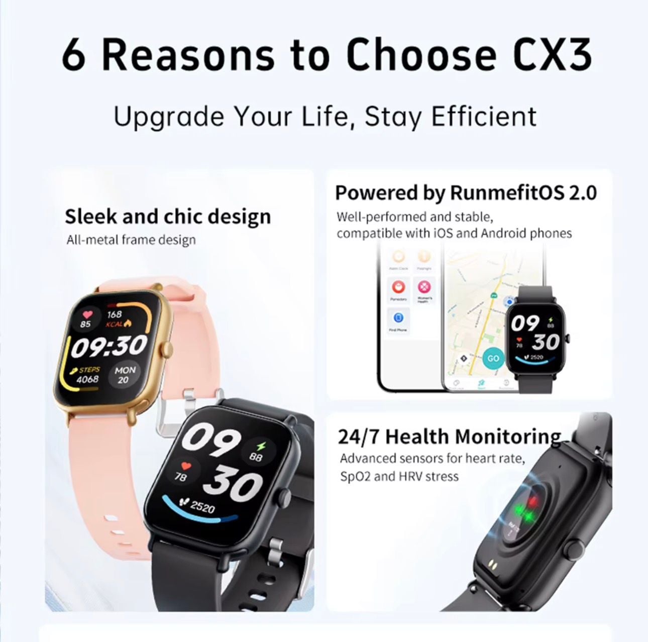 Runmefit CX3 Smartwatch Black Fitness Tracker 2