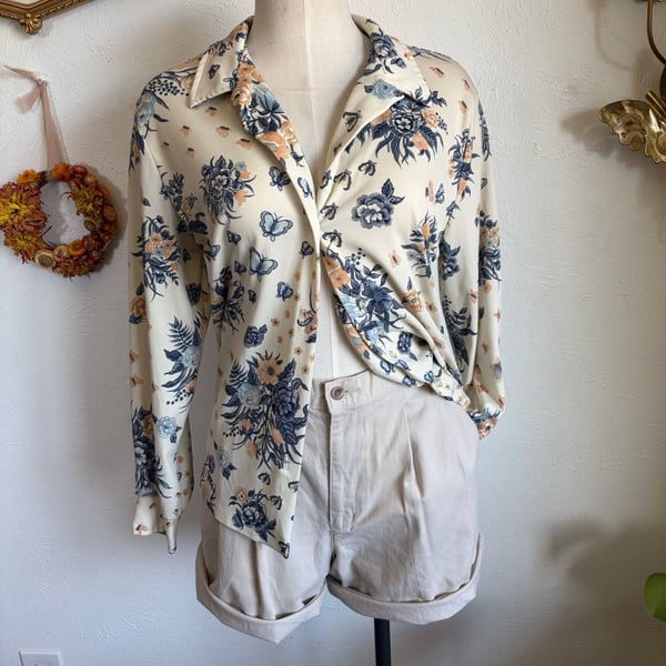 Vintage Floral Butterfly Long Sleeve Button Down M