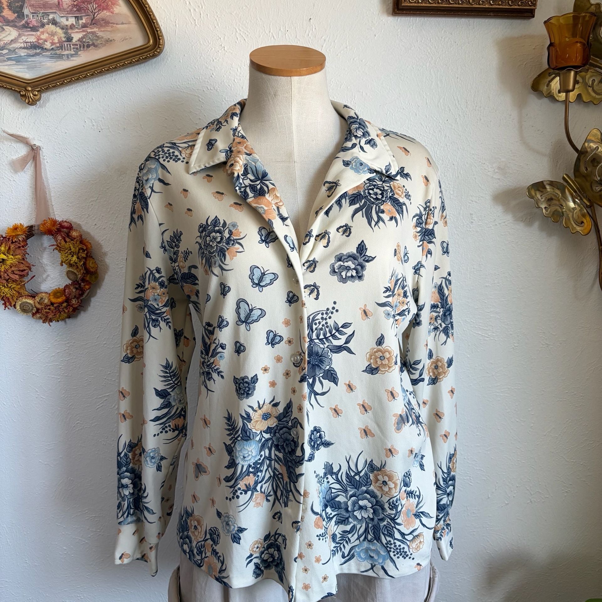 Vintage Floral Butterfly Long Sleeve Button Down M 4