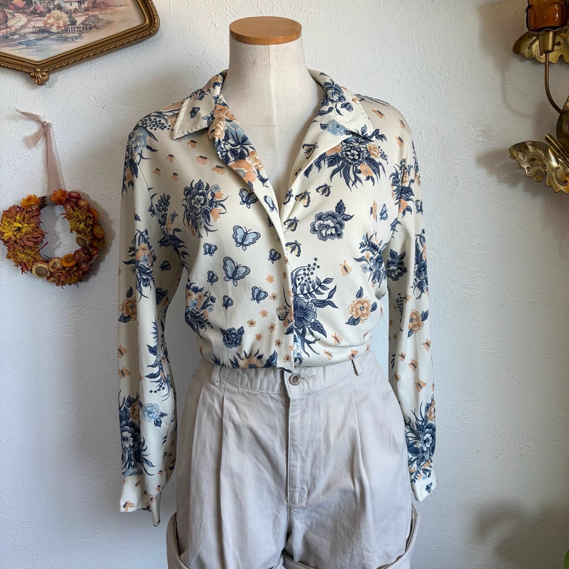 Vintage Floral Butterfly Long Sleeve Button Down M 6