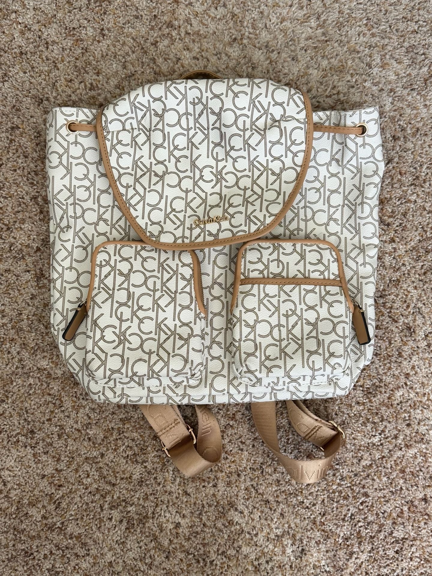 Calvin Klein Monogram Logo Backpack White Tan 2