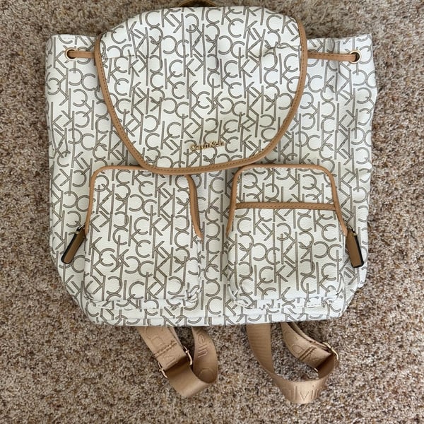 Calvin Klein Monogram Logo Backpack White Tan