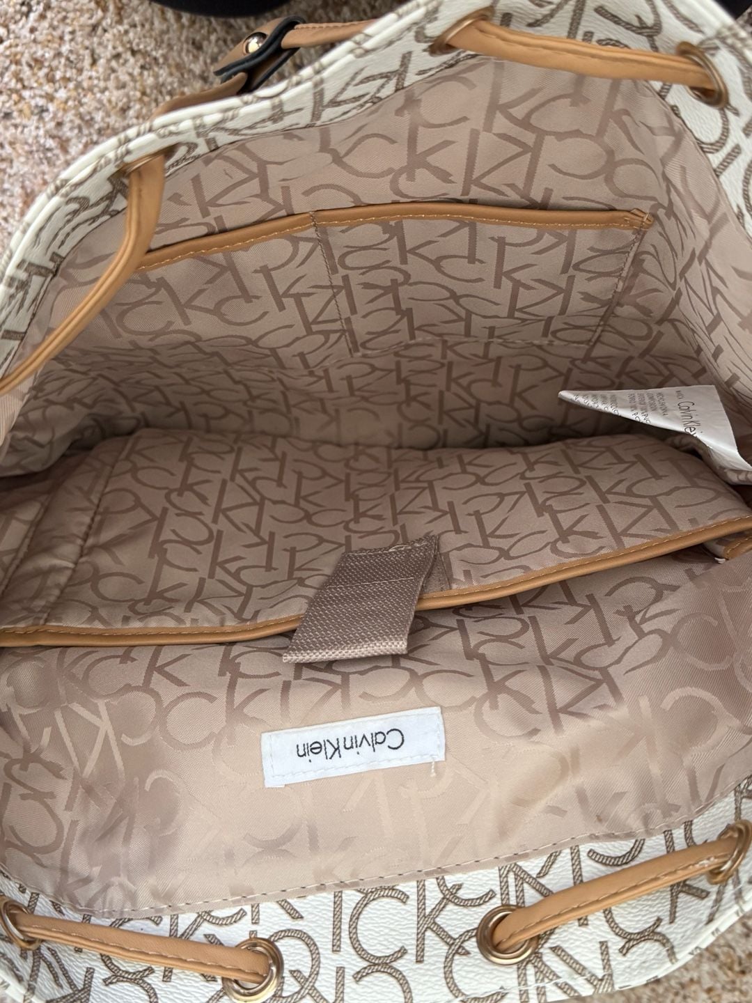 Calvin Klein Monogram Logo Backpack White Tan 4