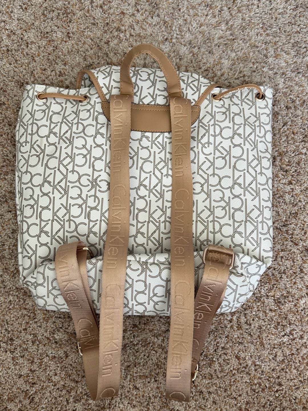 Calvin Klein Monogram Logo Backpack White Tan 8