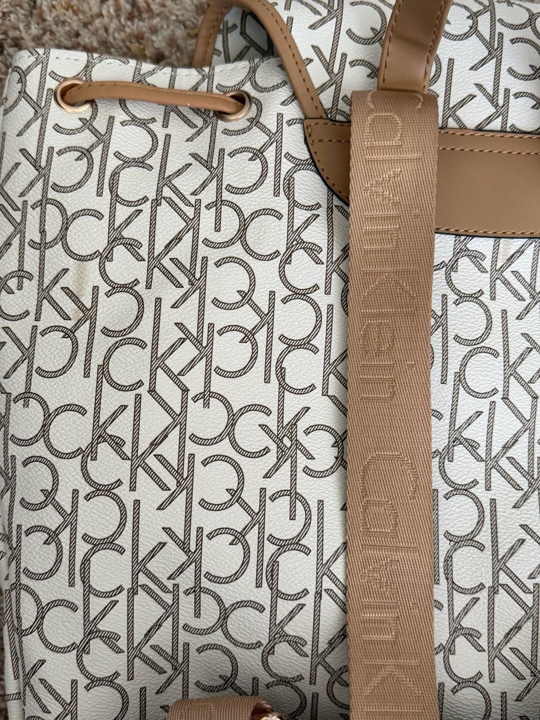 Calvin Klein Monogram Logo Backpack White Tan 9