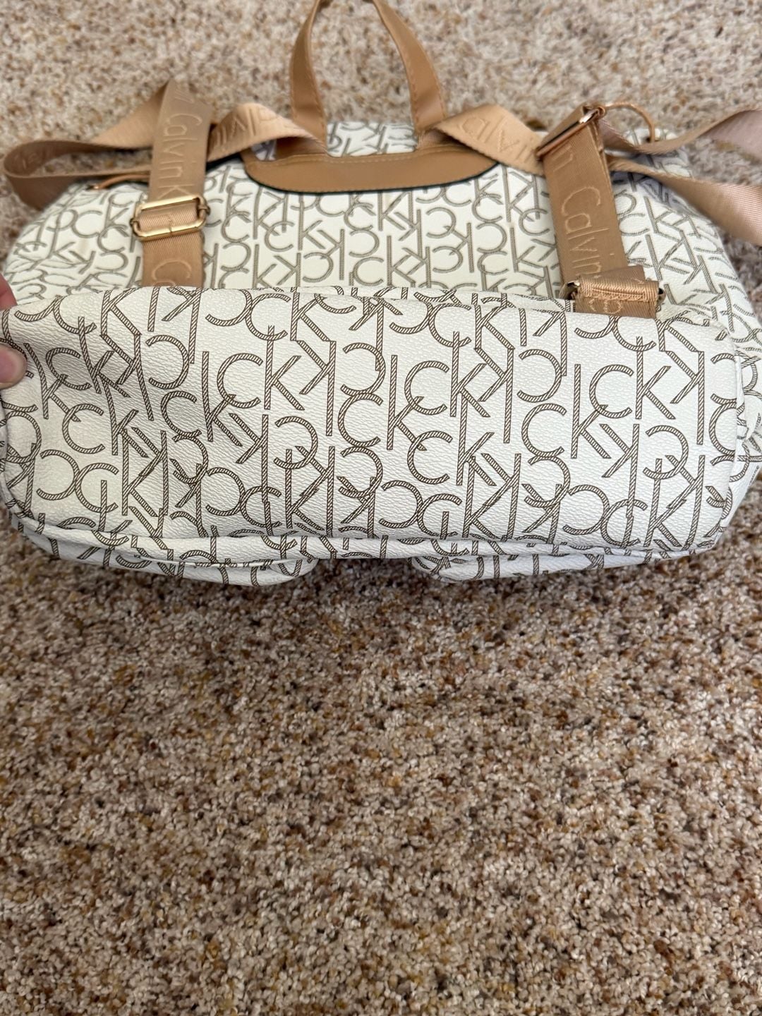 Calvin Klein Monogram Logo Backpack White Tan 10