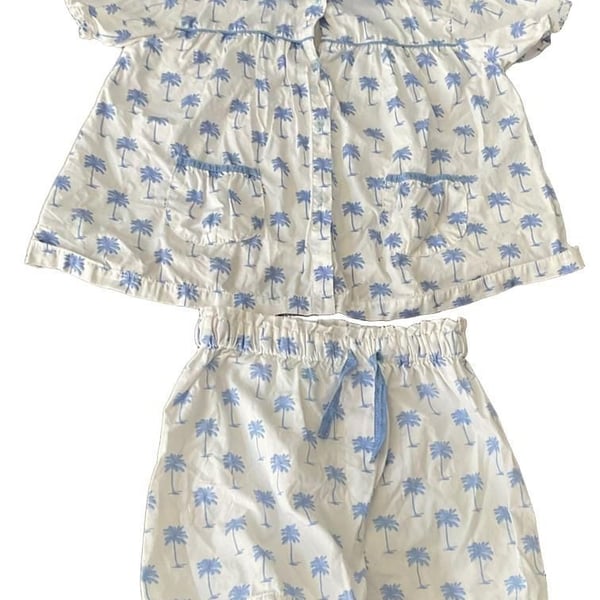 Sant and Abel Pajama Set Size S Palm Tree White Blue Loungewear Girls