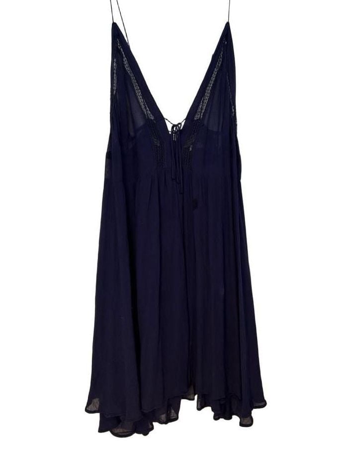 Free People Navy Blue Sheer V-Neck Lace Trim Babydoll Slip Dress 2