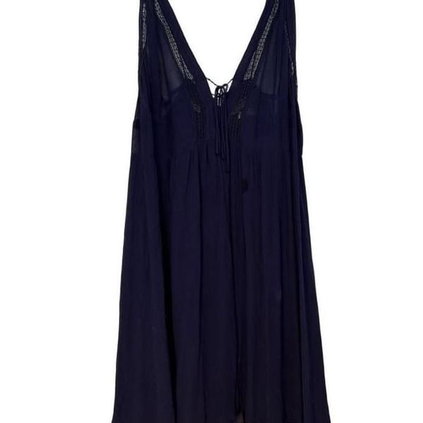 Free People Navy Blue Sheer V-Neck Lace Trim Babydoll Slip Dress