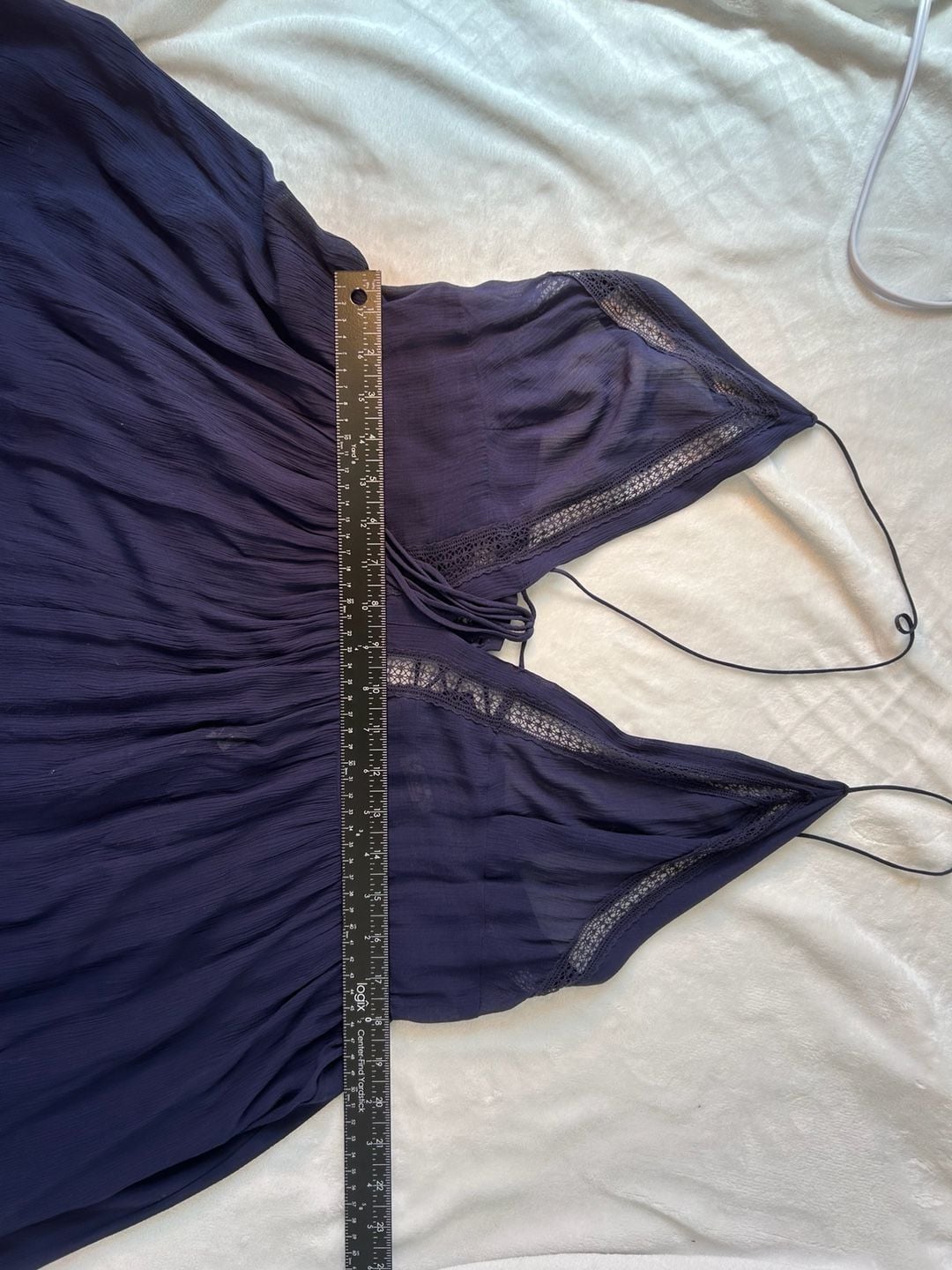 Free People Navy Blue Sheer V-Neck Lace Trim Babydoll Slip Dress 17