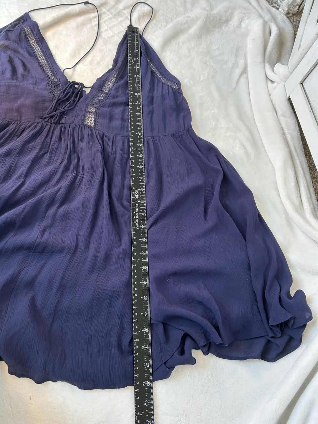 Free People Navy Blue Sheer V-Neck Lace Trim Babydoll Slip Dress 20