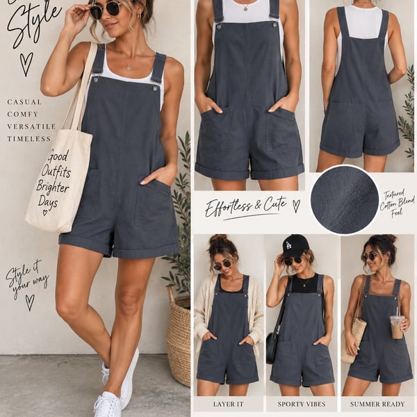 Women’s Charcoal Overall Romper Shortalls Relaxed Fit Utility Workwear Cottagecore Large