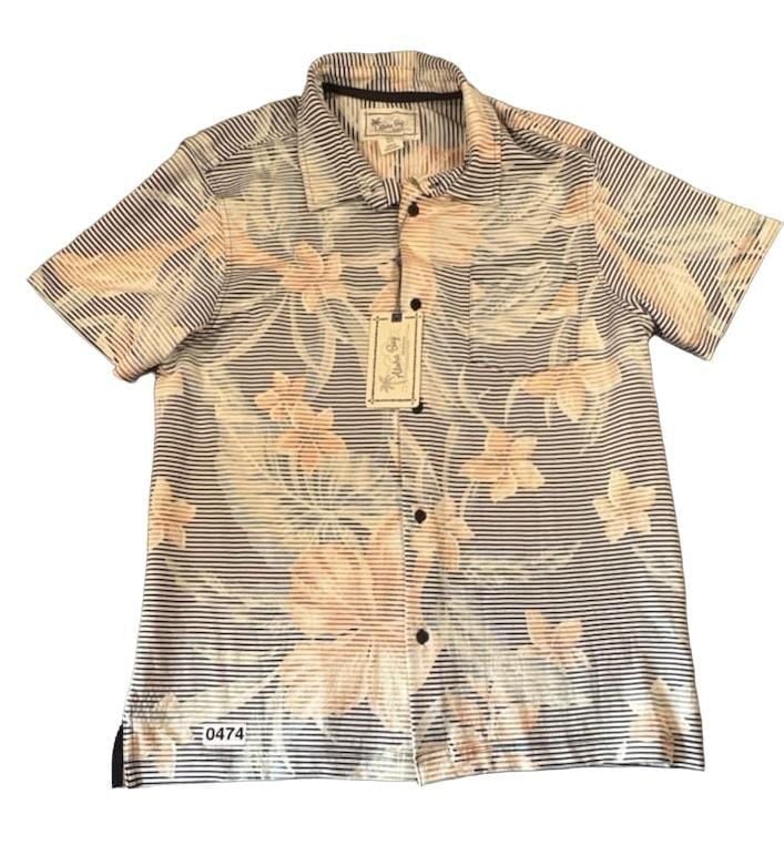 Aloha Bay Originals Men's Black Striped Orange Floral Short Sleeve Button-Down Shirt 4