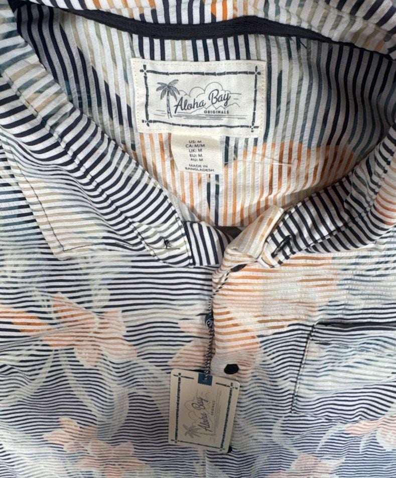 Aloha Bay Originals Men's Black Striped Orange Floral Short Sleeve Button-Down Shirt 5