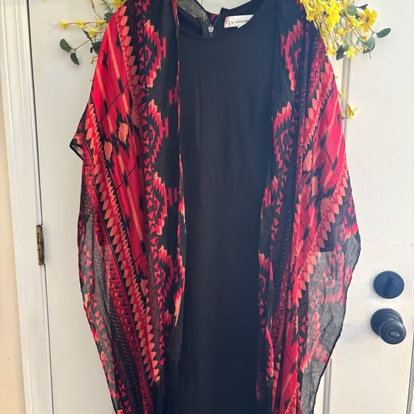 G by Giuliana Rancic Dress Size L Black Geometric Kimono Fringed Ruana